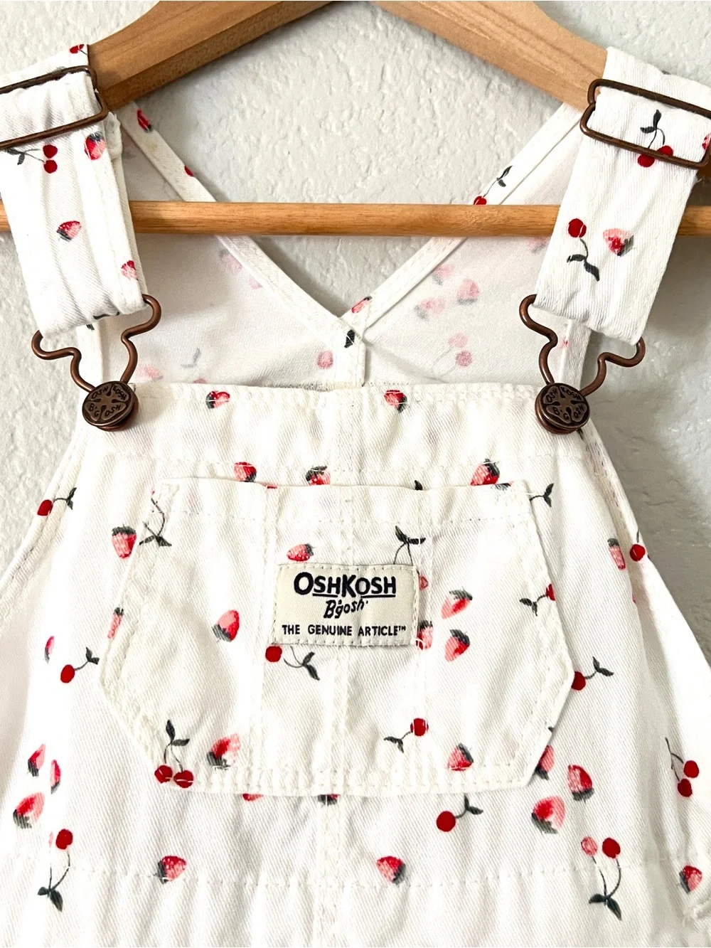 OshKosh B’gosh Overall Jumper Dress Girls 18M White Cherries Strawberries Print